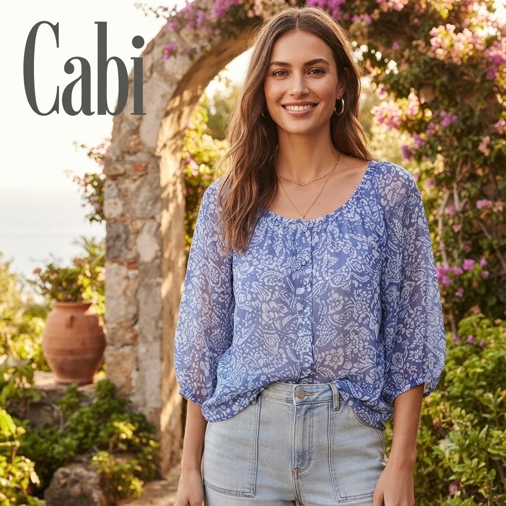 Cabi Blue Floral Paisley Sheer Button Front Blouse Puff Sleeve Top Small Career